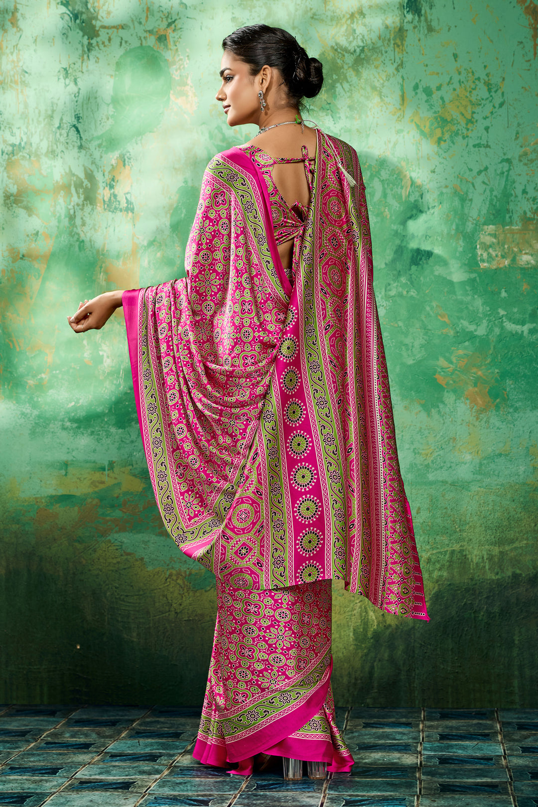 Soothing Ajrakh Printed Satin Saree In Magenta Color | Buy Online India
