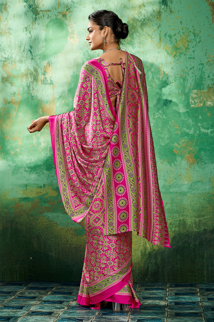 Soothing Ajrakh Printed Satin Saree In Magenta Color | Buy Online India