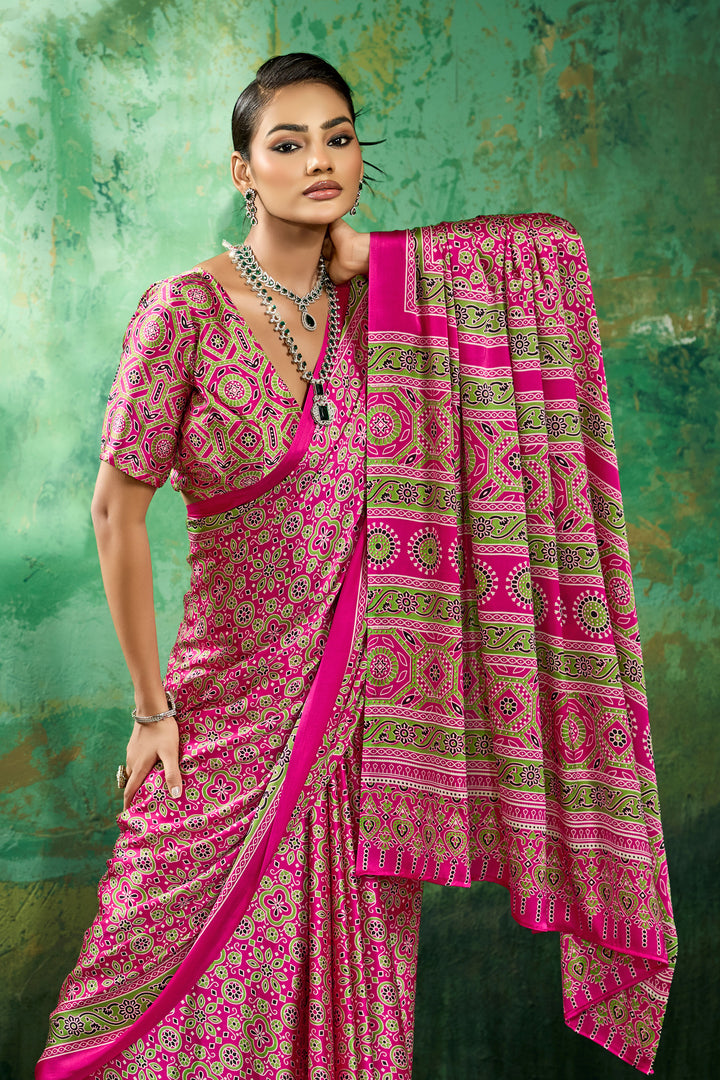 Soothing Ajrakh Printed Satin Saree In Magenta Color | Buy Online India