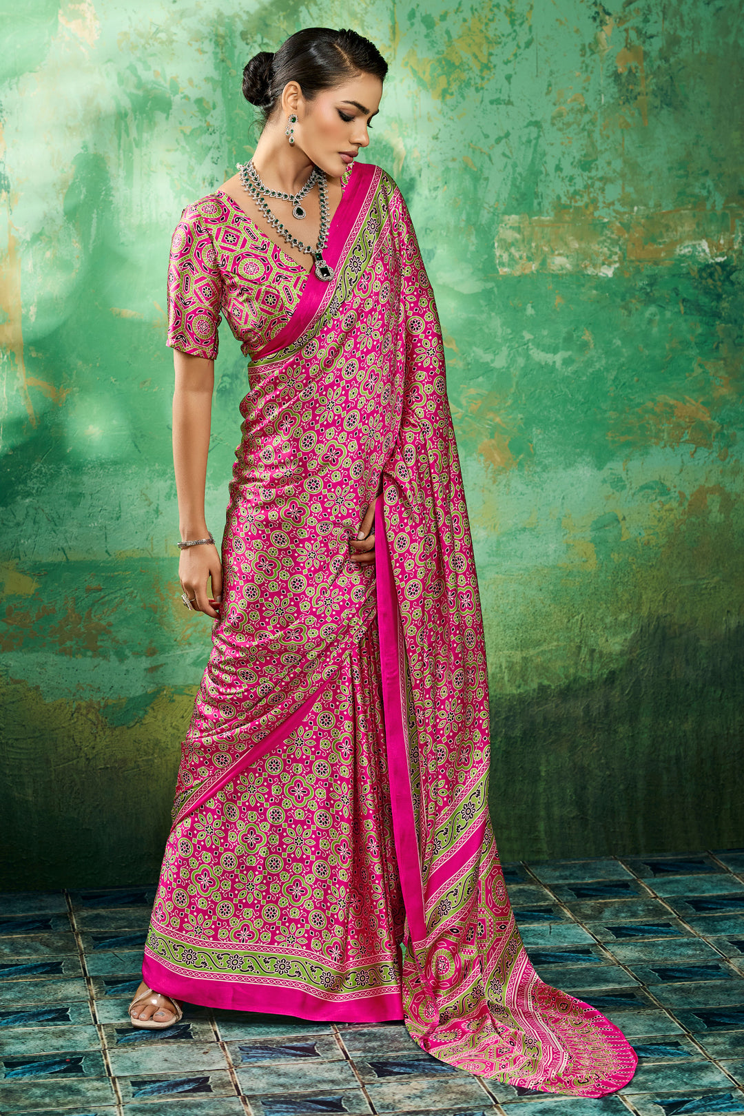 Soothing Ajrakh Printed Satin Saree In Magenta Color | Buy Online India