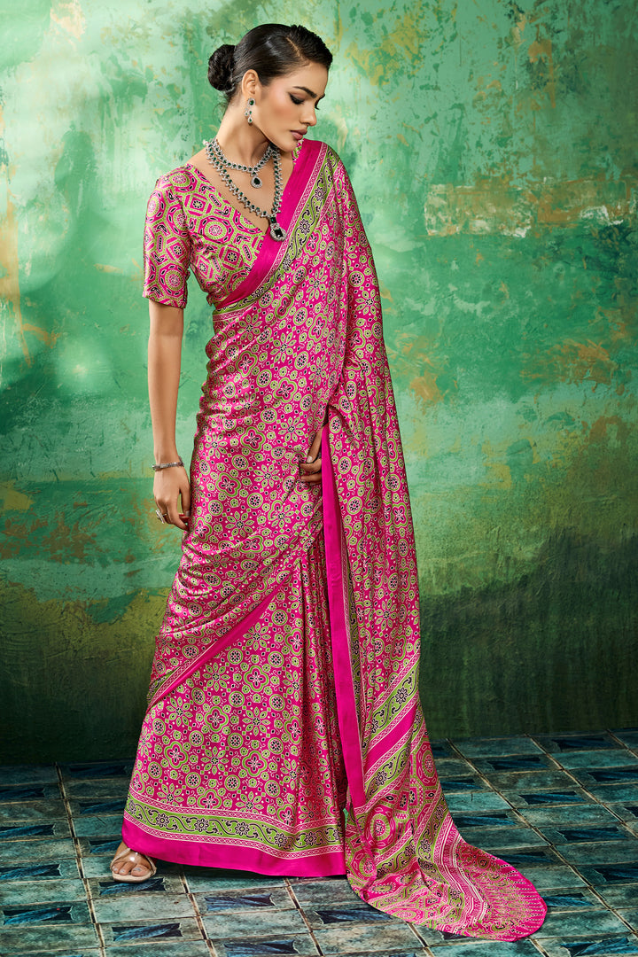Soothing Ajrakh Printed Satin Saree In Magenta Color | Buy Online India