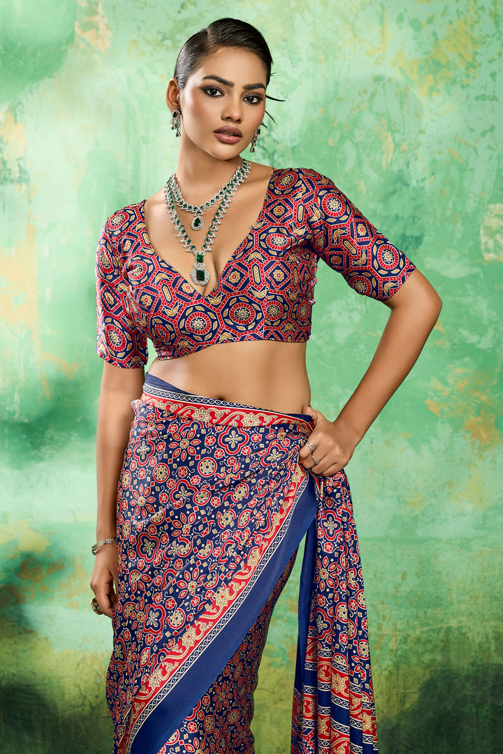 Navy Blue Color Glorious Ajrakh Printed Satin Saree | Buy Online India