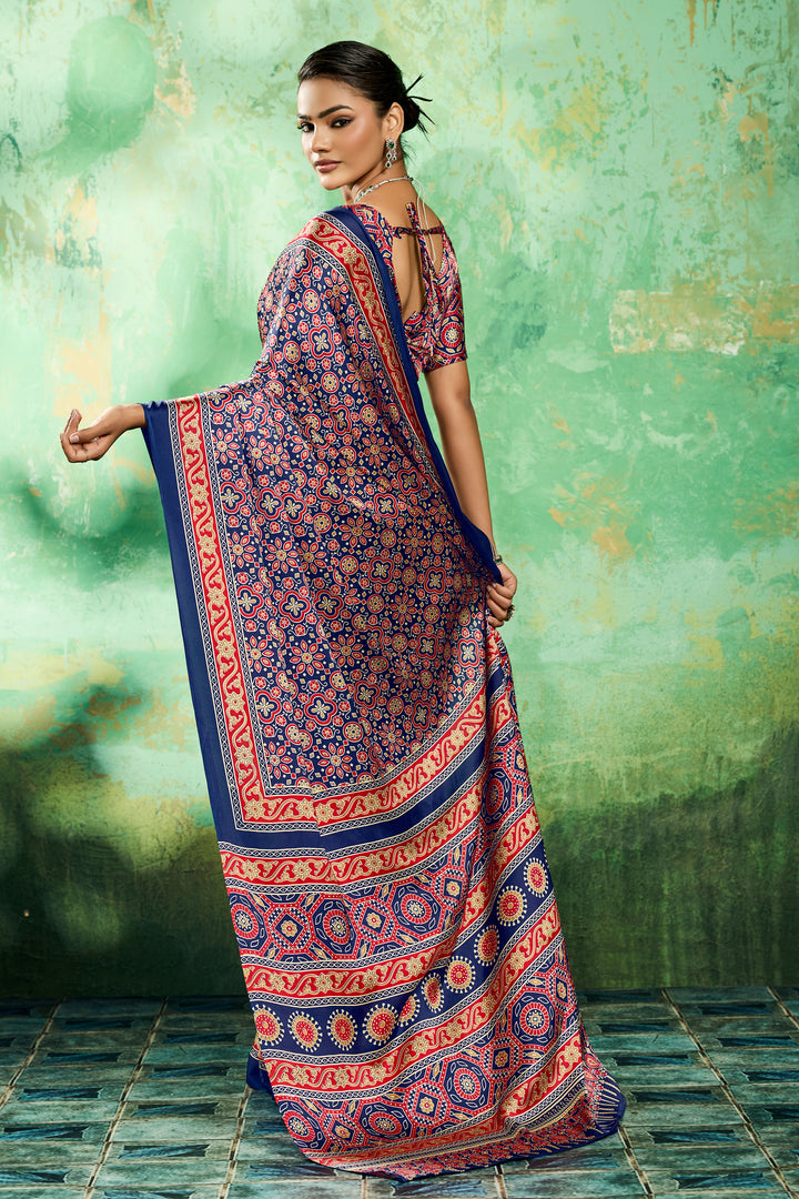 Navy Blue Color Glorious Ajrakh Printed Satin Saree | Buy Online India