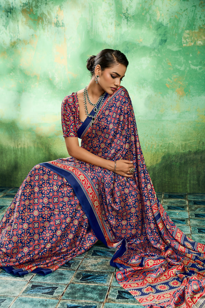 Navy Blue Color Glorious Ajrakh Printed Satin Saree | Buy Online India