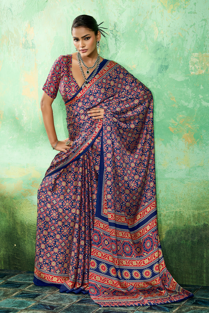 Navy Blue Color Glorious Ajrakh Printed Satin Saree | Buy Online India