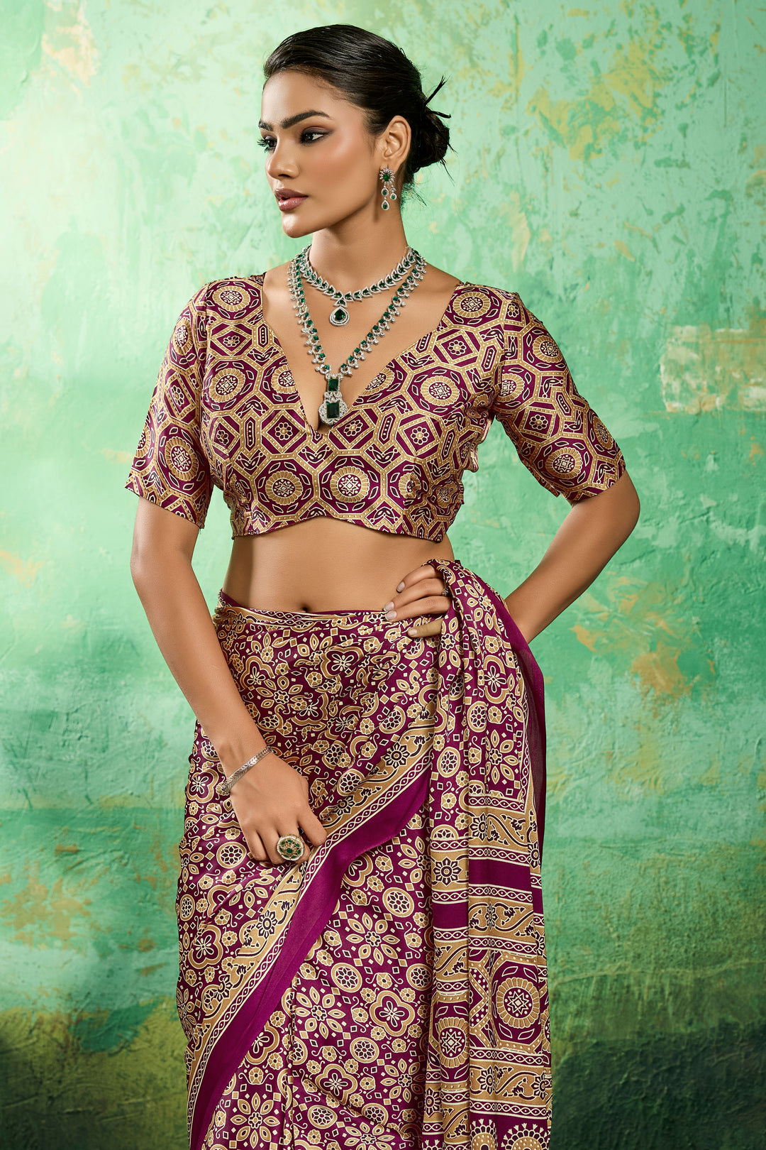 Blazing Burgundy Color Ajrakh Printed Satin Saree | Buy Online India