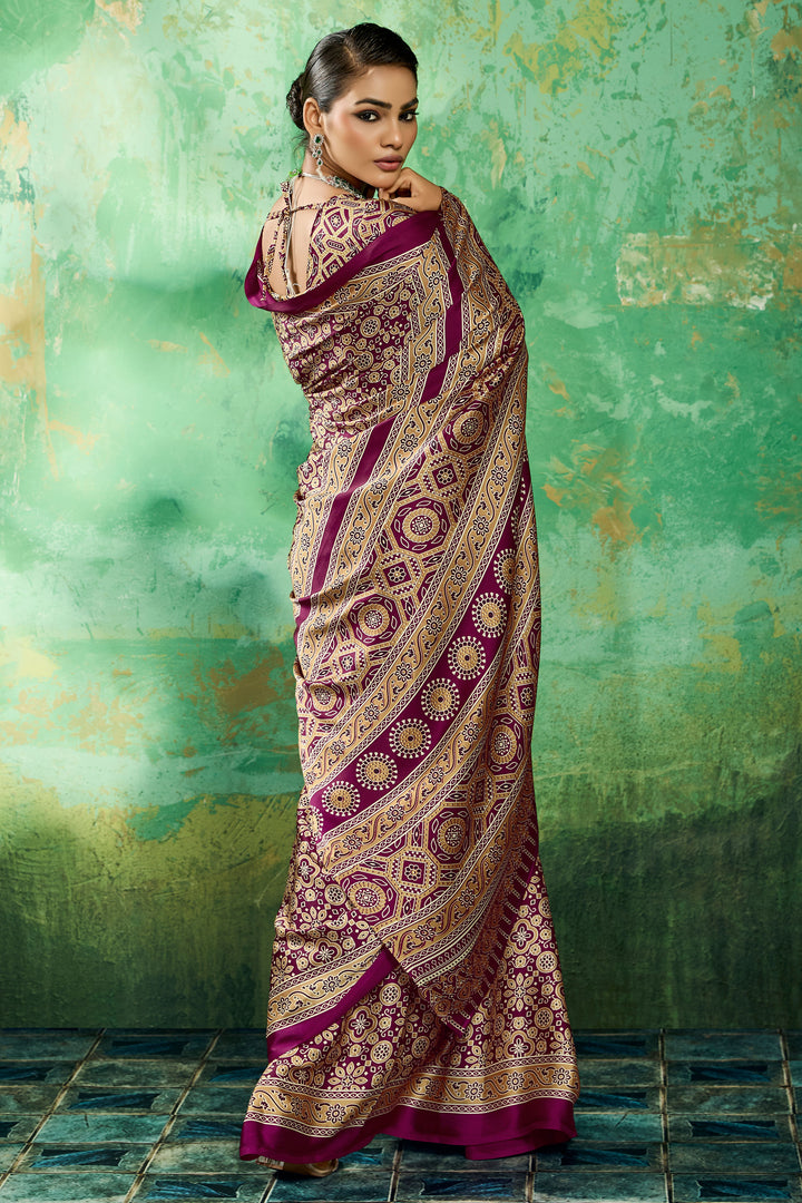 Blazing Burgundy Color Ajrakh Printed Satin Saree | Buy Online India
