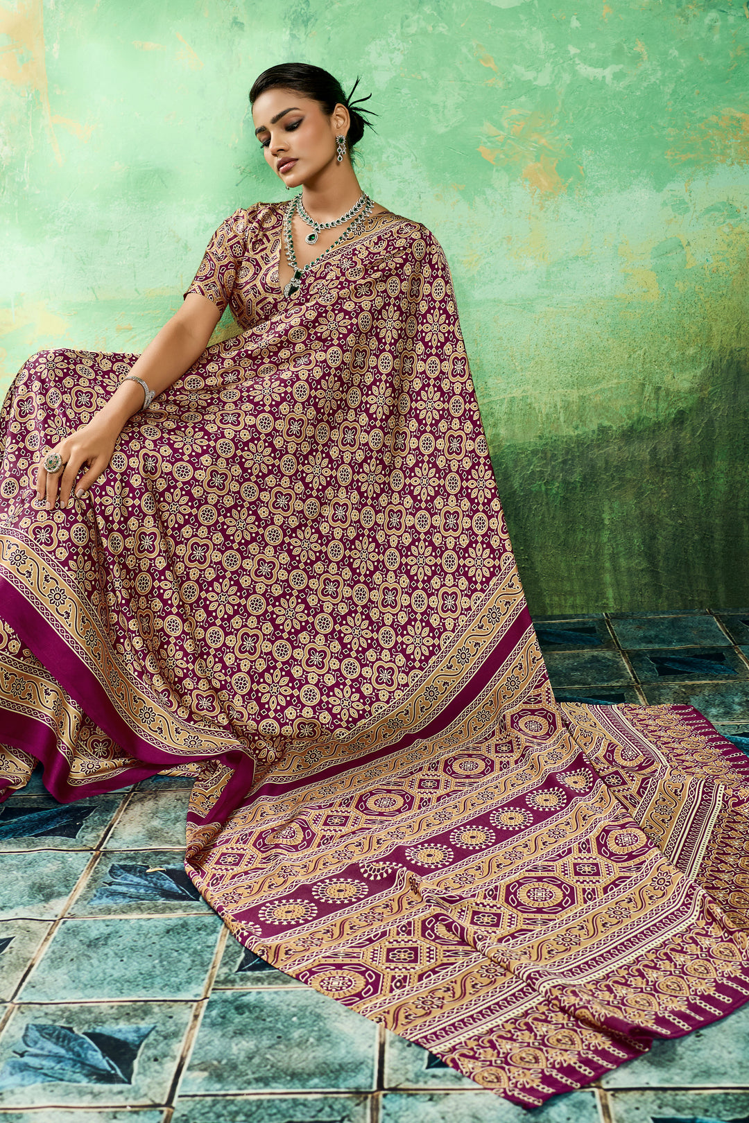 Blazing Burgundy Color Ajrakh Printed Satin Saree | Buy Online India