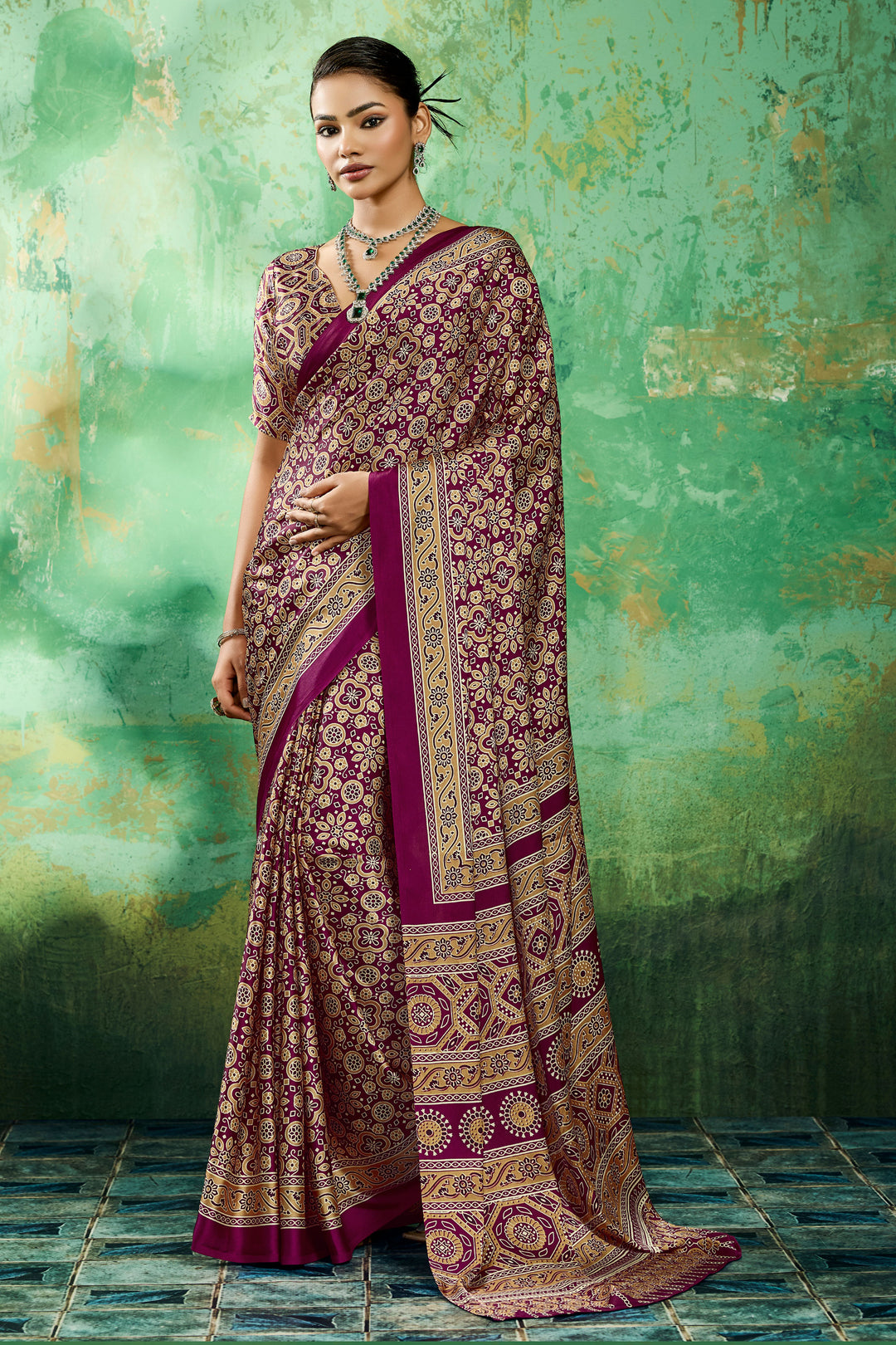 Blazing Burgundy Color Ajrakh Printed Satin Saree | Buy Online India
