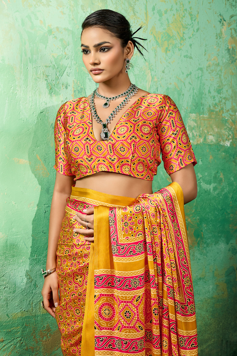 Mustard Color Glamorous Ajrakh Printed Satin Saree | Buy Online India