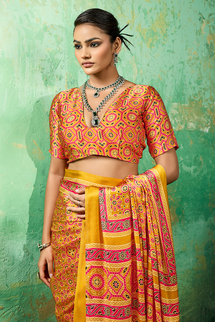 Mustard Color Glamorous Ajrakh Printed Satin Saree | Buy Online India