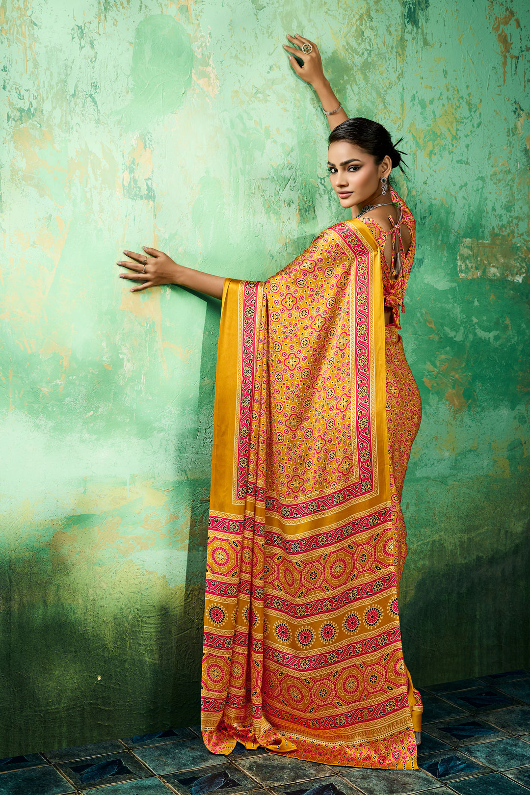 Mustard Color Glamorous Ajrakh Printed Satin Saree | Buy Online India