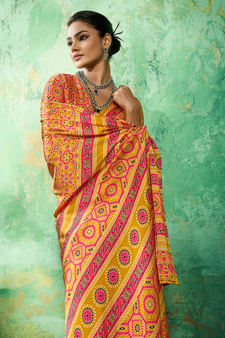 Mustard Color Glamorous Ajrakh Printed Satin Saree | Buy Online India