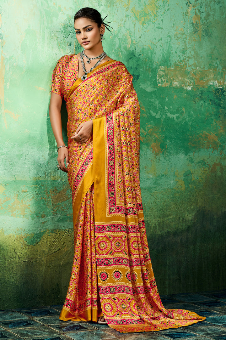 Mustard Color Glamorous Ajrakh Printed Satin Saree | Buy Online India