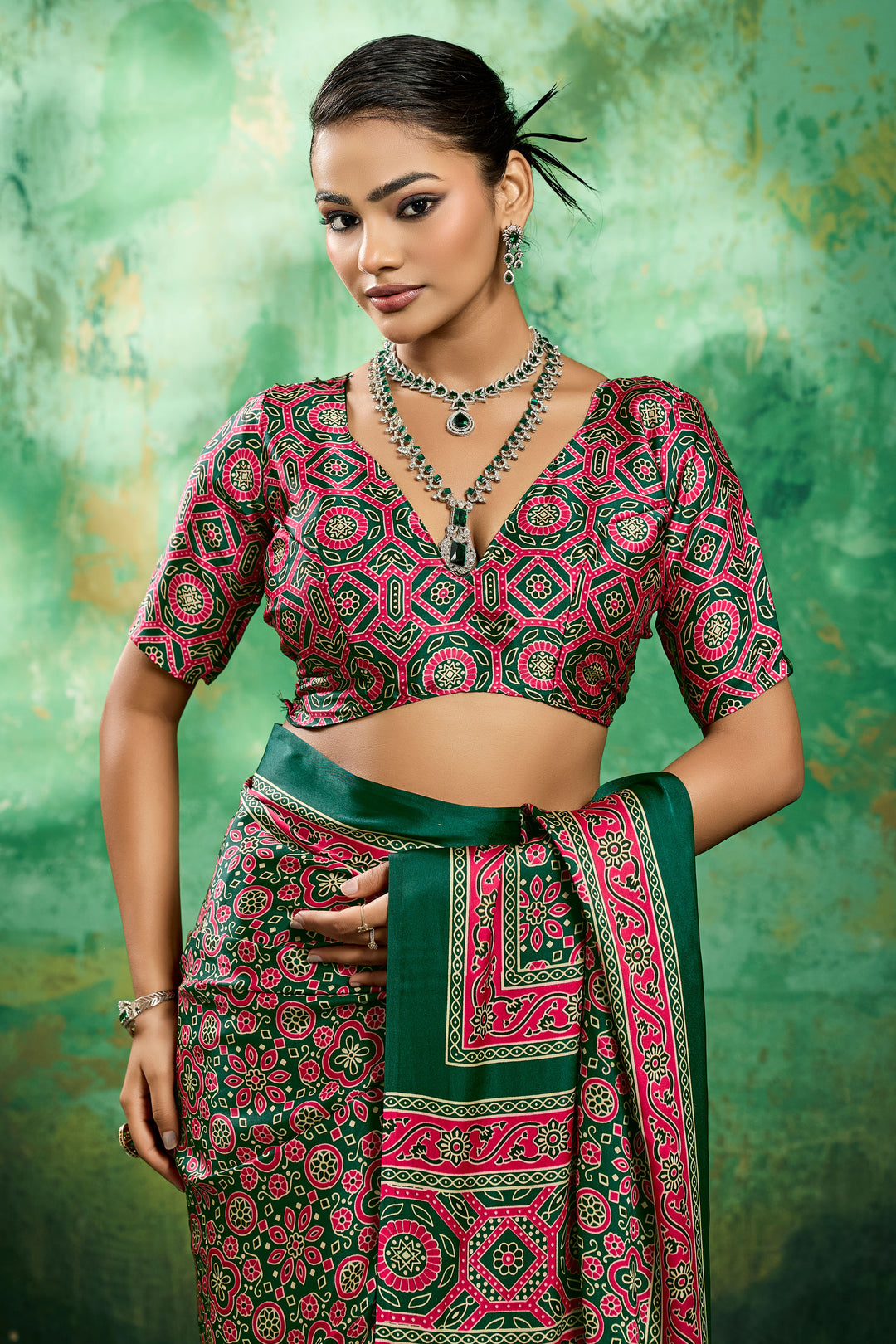 Attractive Ajrakh Printed Satin Saree In Green Color | Buy Online India