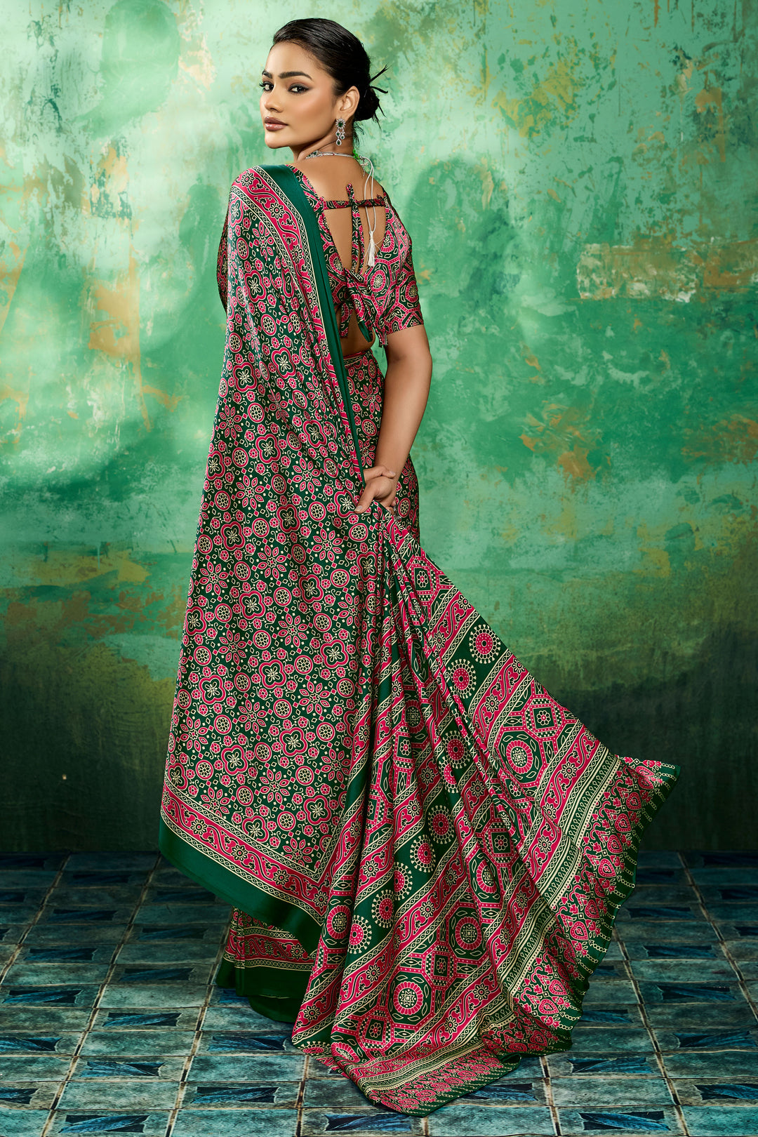 Attractive Ajrakh Printed Satin Saree In Green Color | Buy Online India