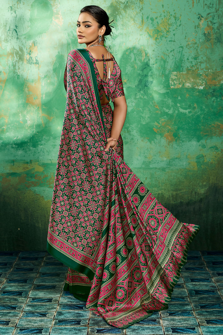 Attractive Ajrakh Printed Satin Saree In Green Color | Buy Online India