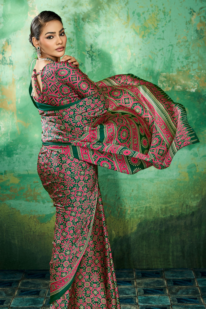 Attractive Ajrakh Printed Satin Saree In Green Color | Buy Online India