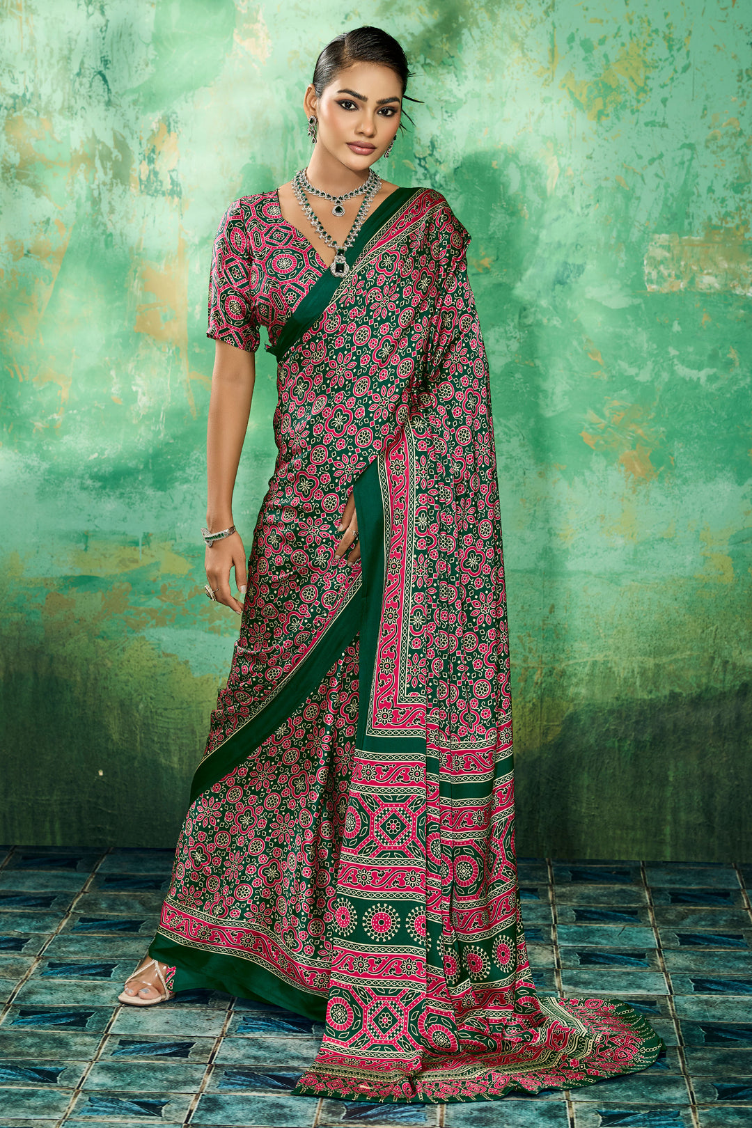 Attractive Ajrakh Printed Satin Saree In Green Color | Buy Online India
