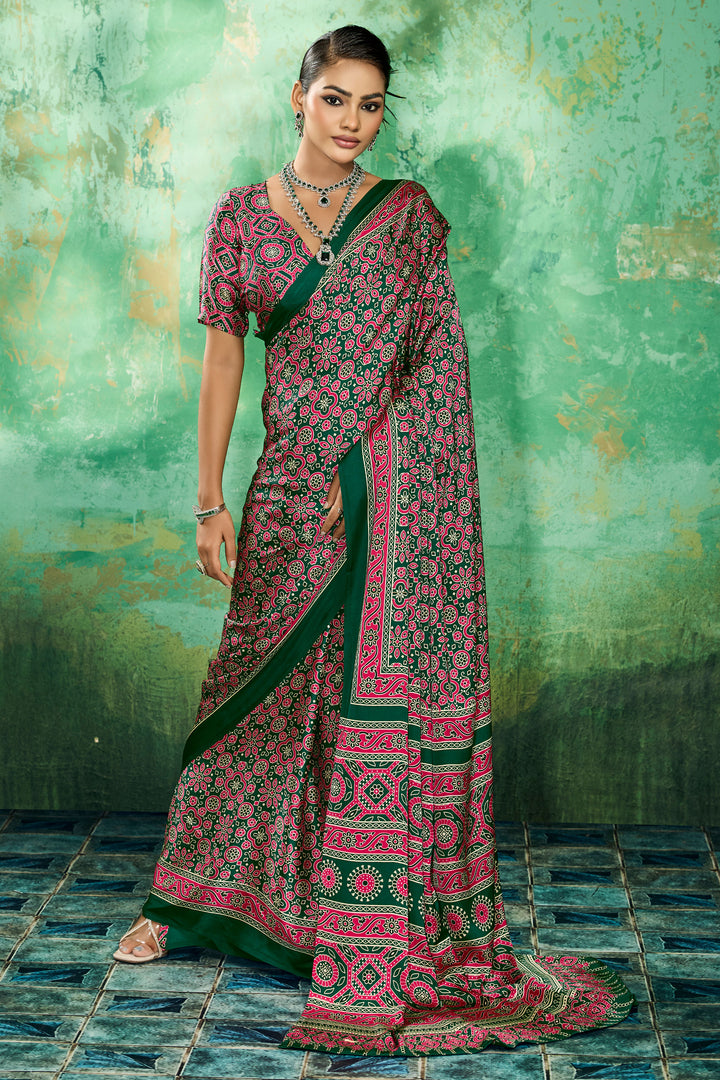 Attractive Ajrakh Printed Satin Saree In Green Color | Buy Online India