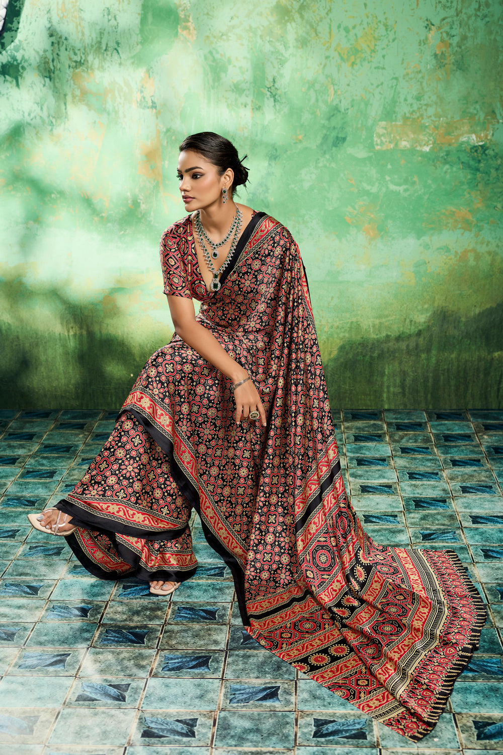 Alluring Black Color Ajrakh Printed Satin Saree | Buy Online India