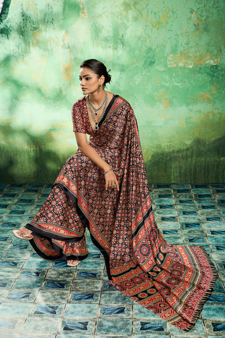 Alluring Black Color Ajrakh Printed Satin Saree | Buy Online India