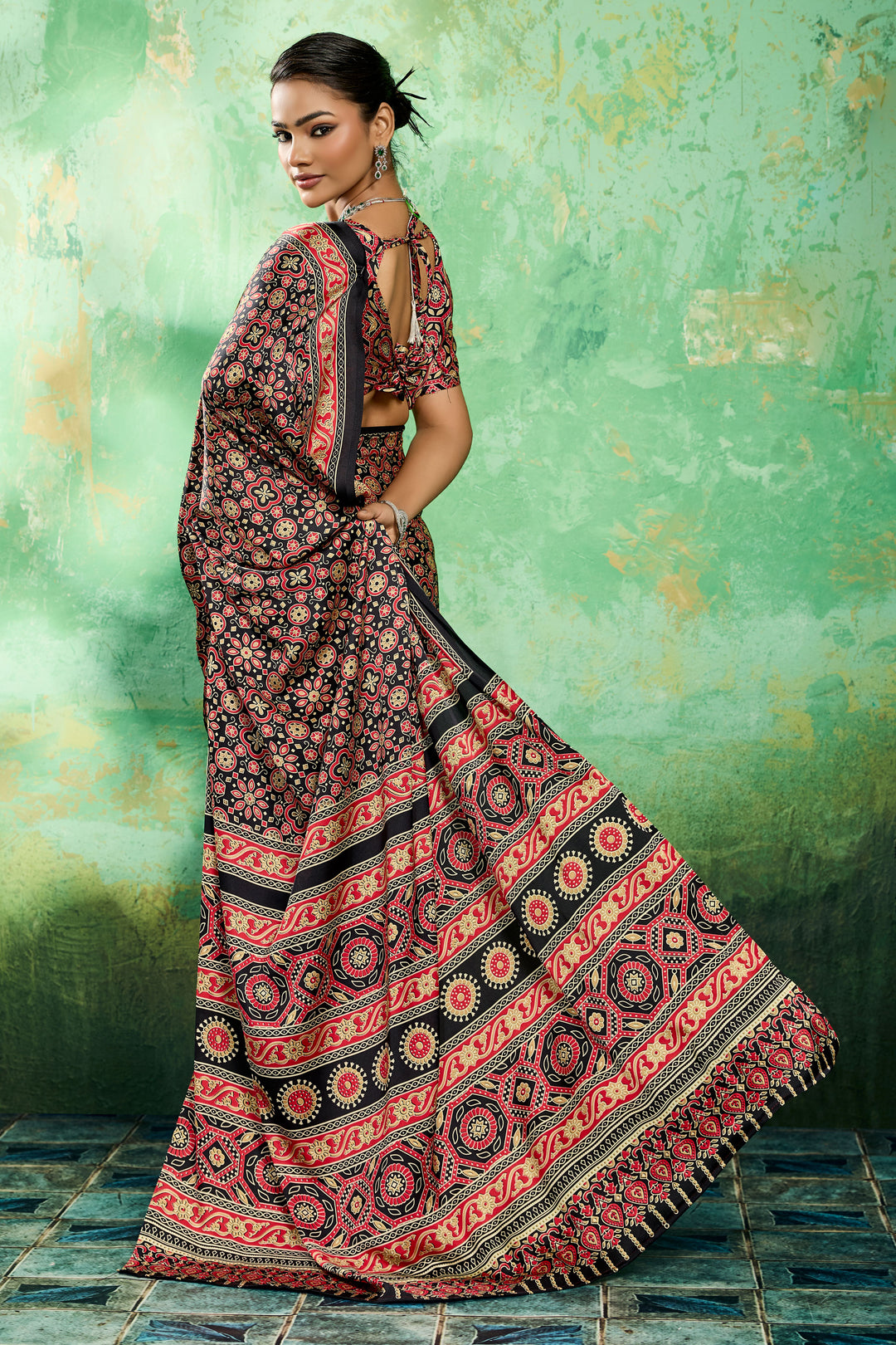 Alluring Black Color Ajrakh Printed Satin Saree | Buy Online India