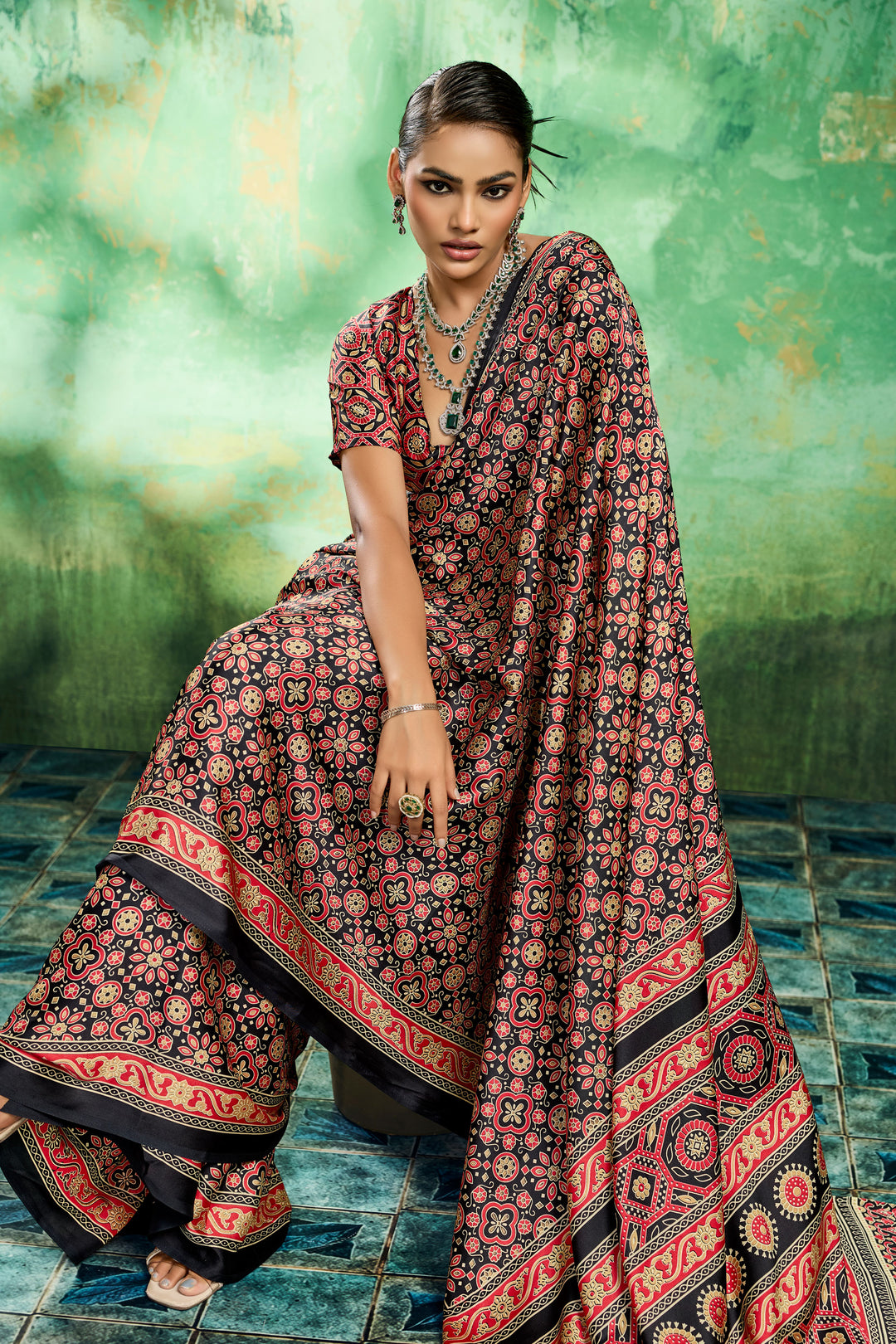 Alluring Black Color Ajrakh Printed Satin Saree | Buy Online India