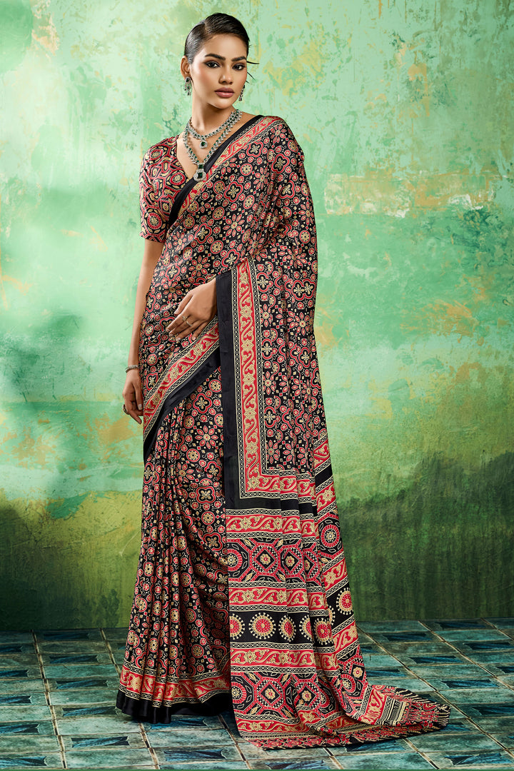 Alluring Black Color Ajrakh Printed Satin Saree | Buy Online India