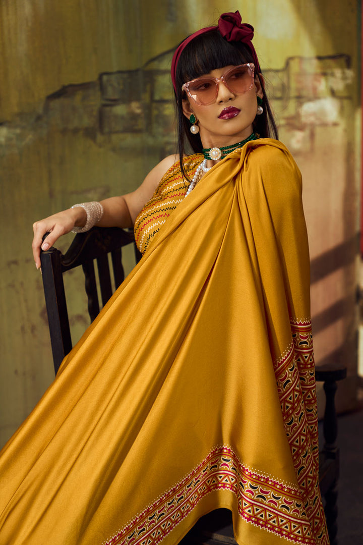Mustard Color Ajrakh Printed Sober Satin Saree