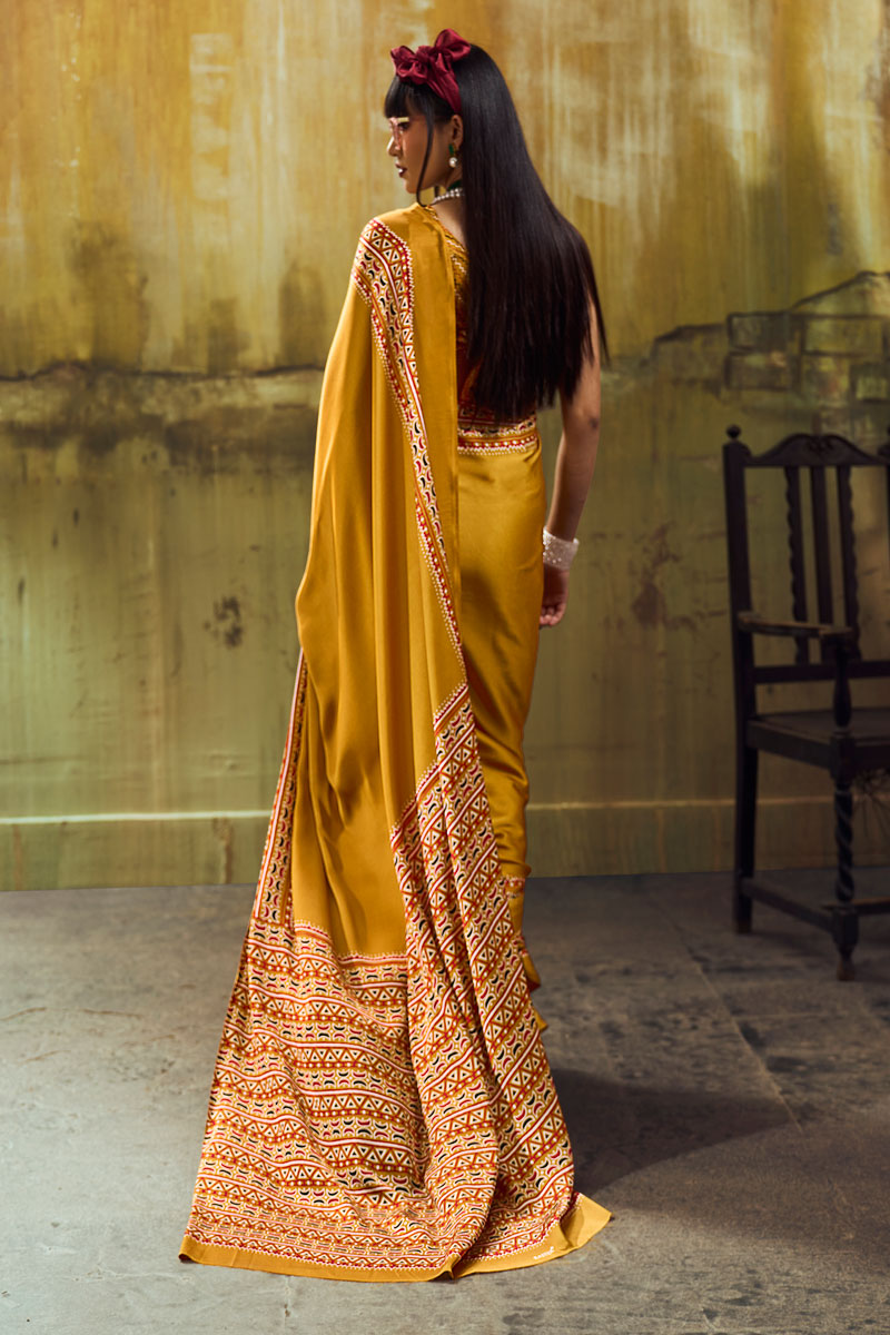 Mustard Color Ajrakh Printed Sober Satin Saree