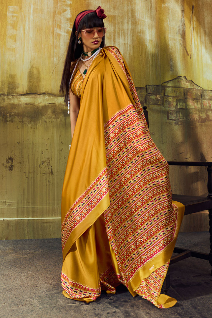 Mustard Color Ajrakh Printed Sober Satin Saree