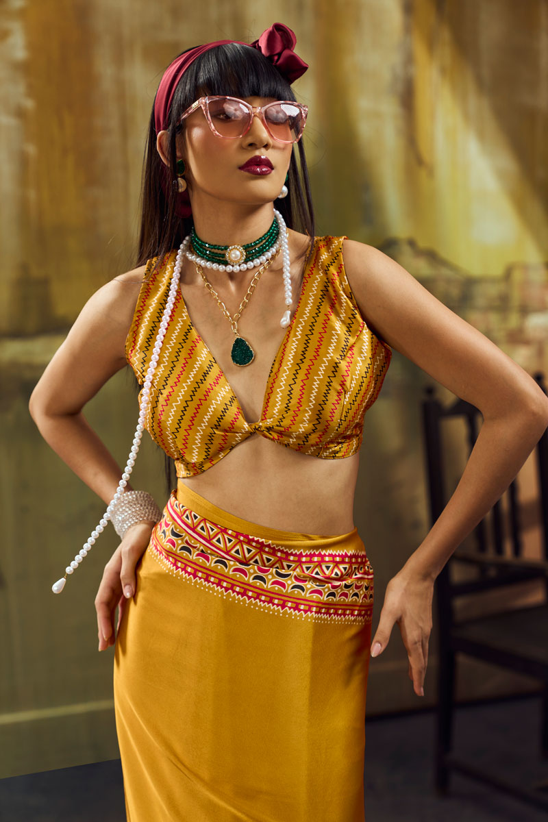 Mustard Color Ajrakh Printed Sober Satin Saree