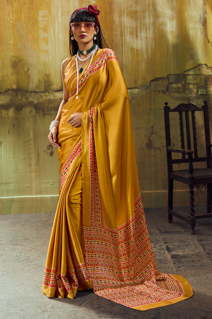 Mustard Color Ajrakh Printed Sober Satin Saree