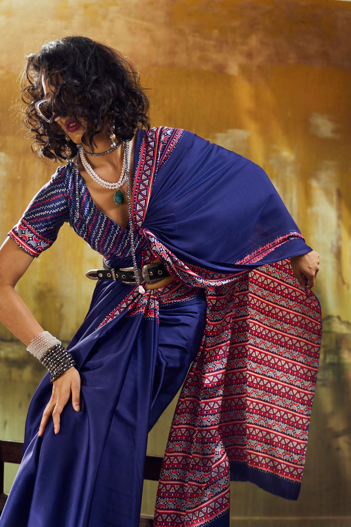 Navy Blue Color Ajrakh Printed Satin Saree For Festive