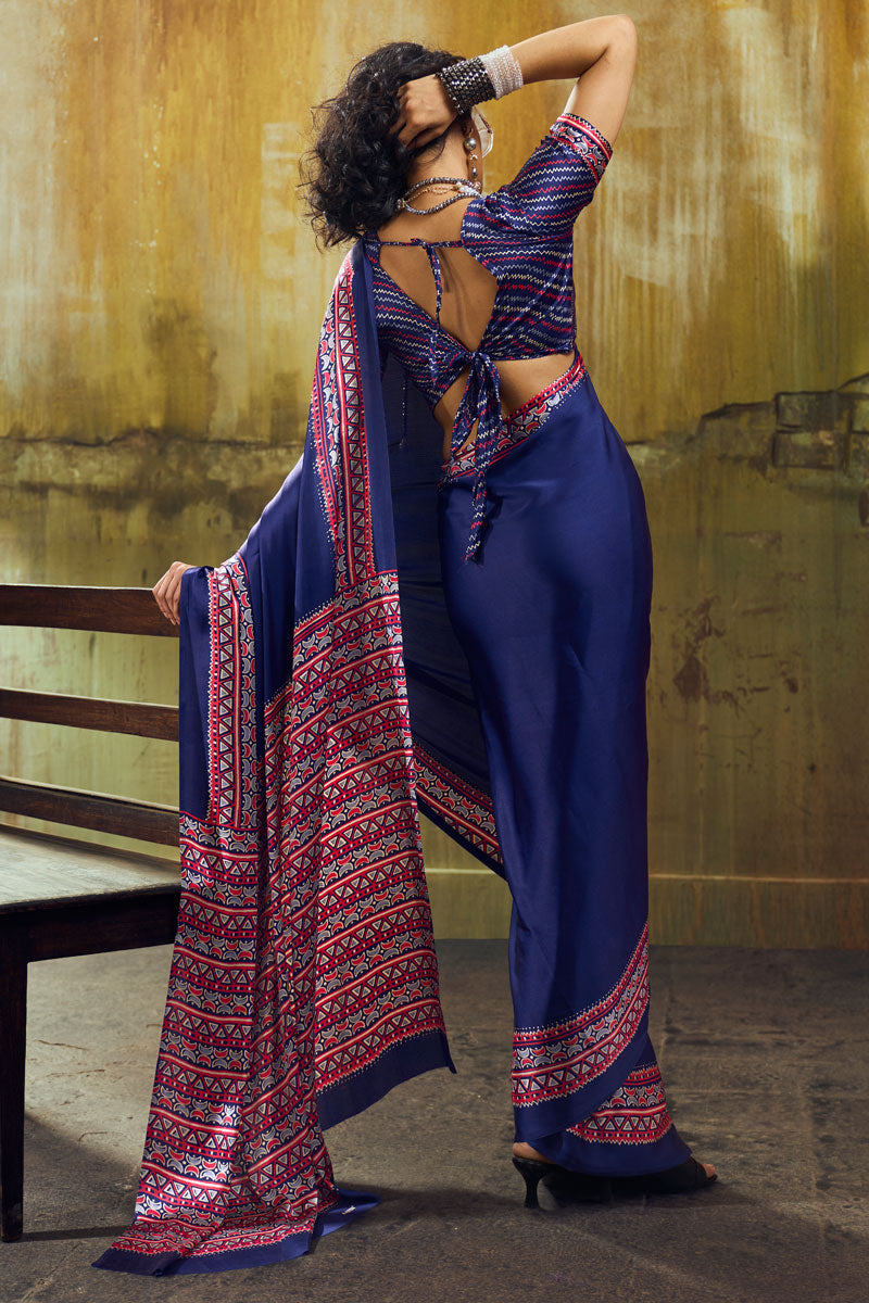 Navy Blue Color Ajrakh Printed Satin Saree For Festive