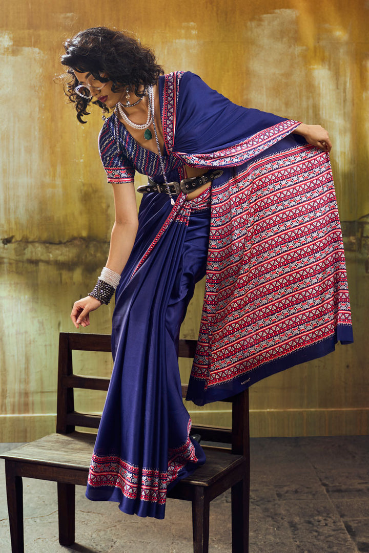 Navy Blue Color Ajrakh Printed Satin Saree For Festive