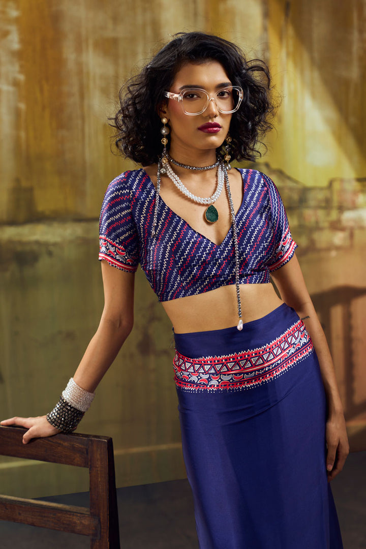 Navy Blue Color Ajrakh Printed Satin Saree For Festive
