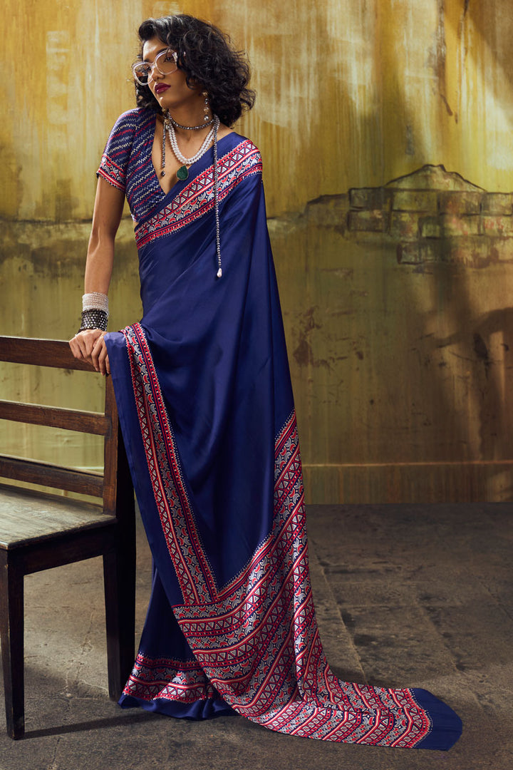 Navy Blue Color Ajrakh Printed Satin Saree For Festive