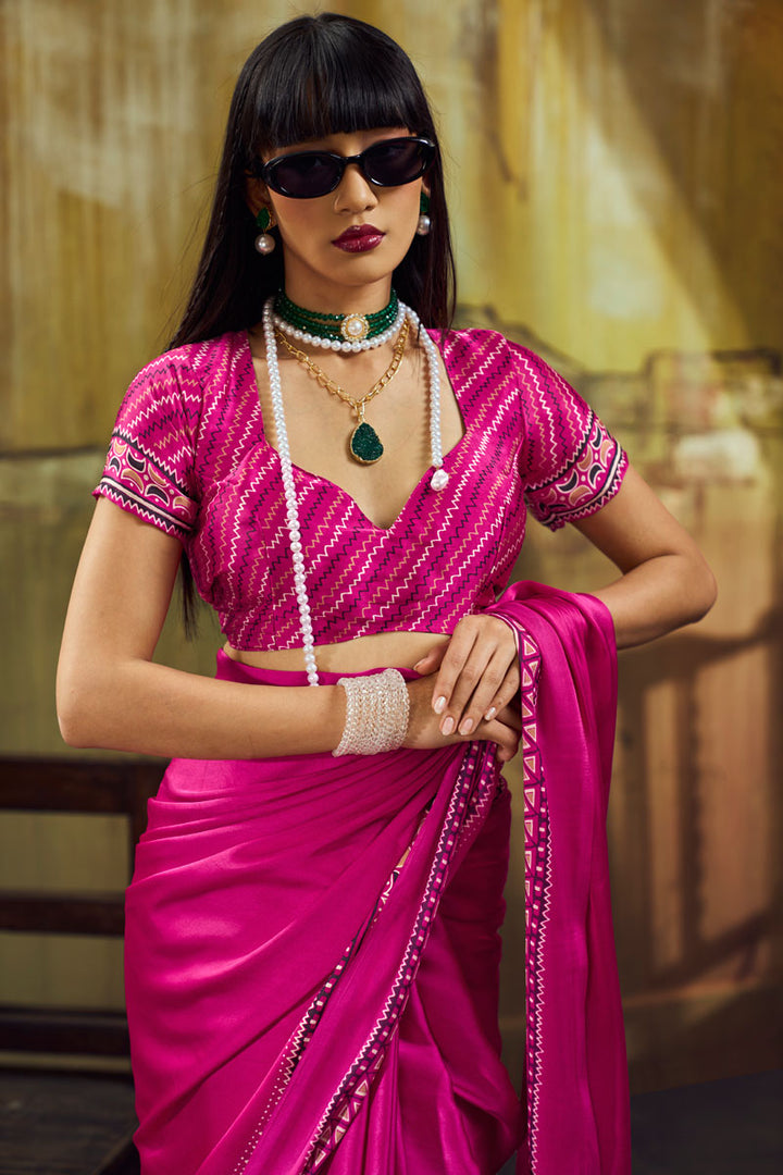 Ajrakh Printed Festive Wear Satin Saree In Rani Color | Buy Online India