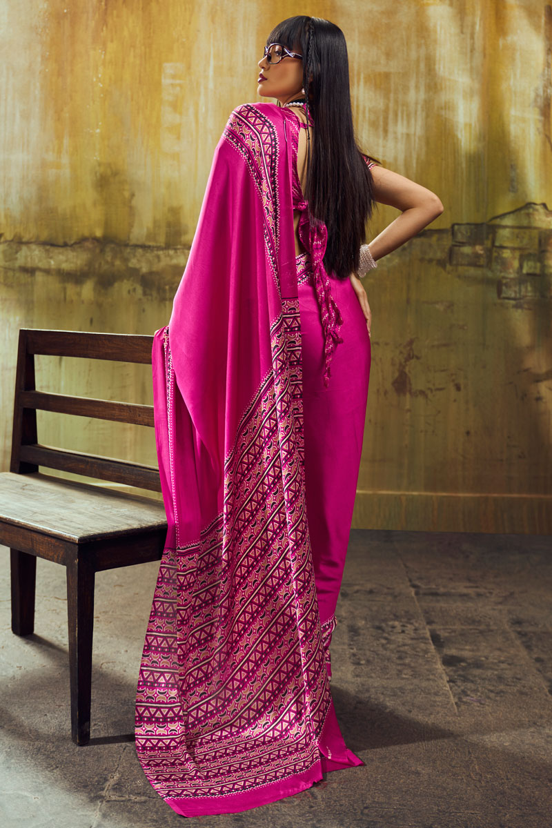 Ajrakh Printed Festive Wear Satin Saree In Rani Color | Buy Online India