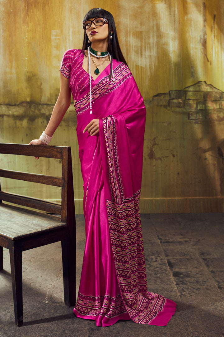 Ajrakh Printed Festive Wear Satin Saree In Rani Color | Buy Online India