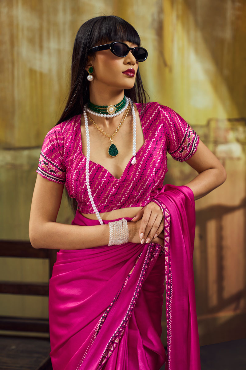 Ajrakh Printed Festive Wear Satin Saree In Rani Color | Buy Online India