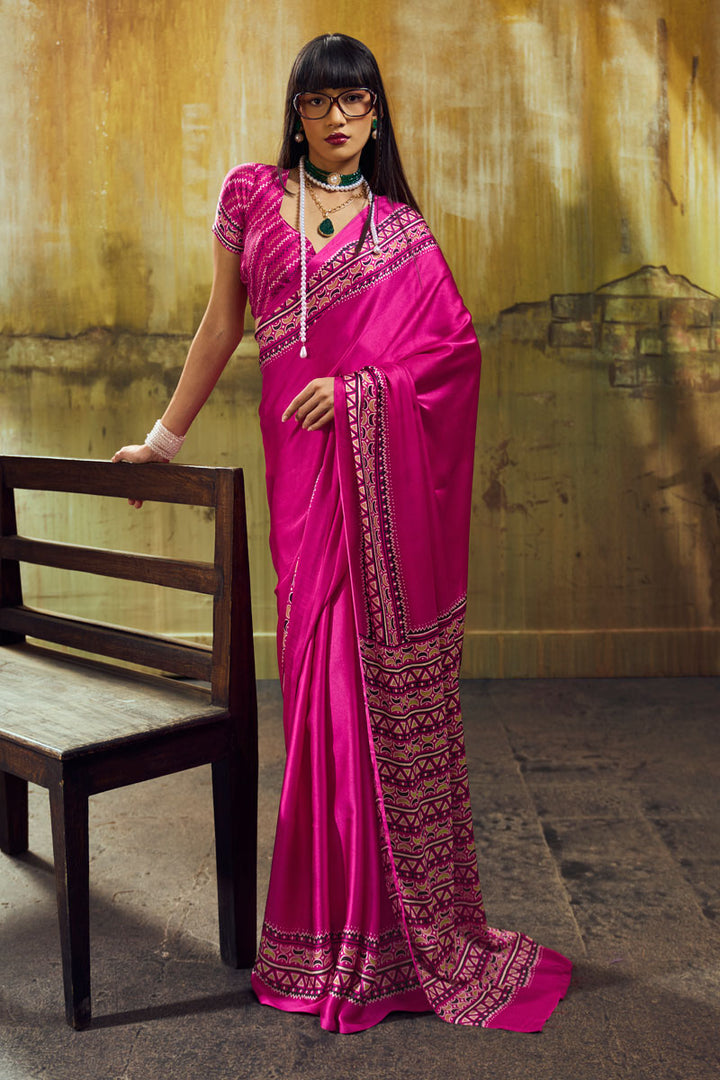 Ajrakh Printed Festive Wear Satin Saree In Rani Color | Buy Online India