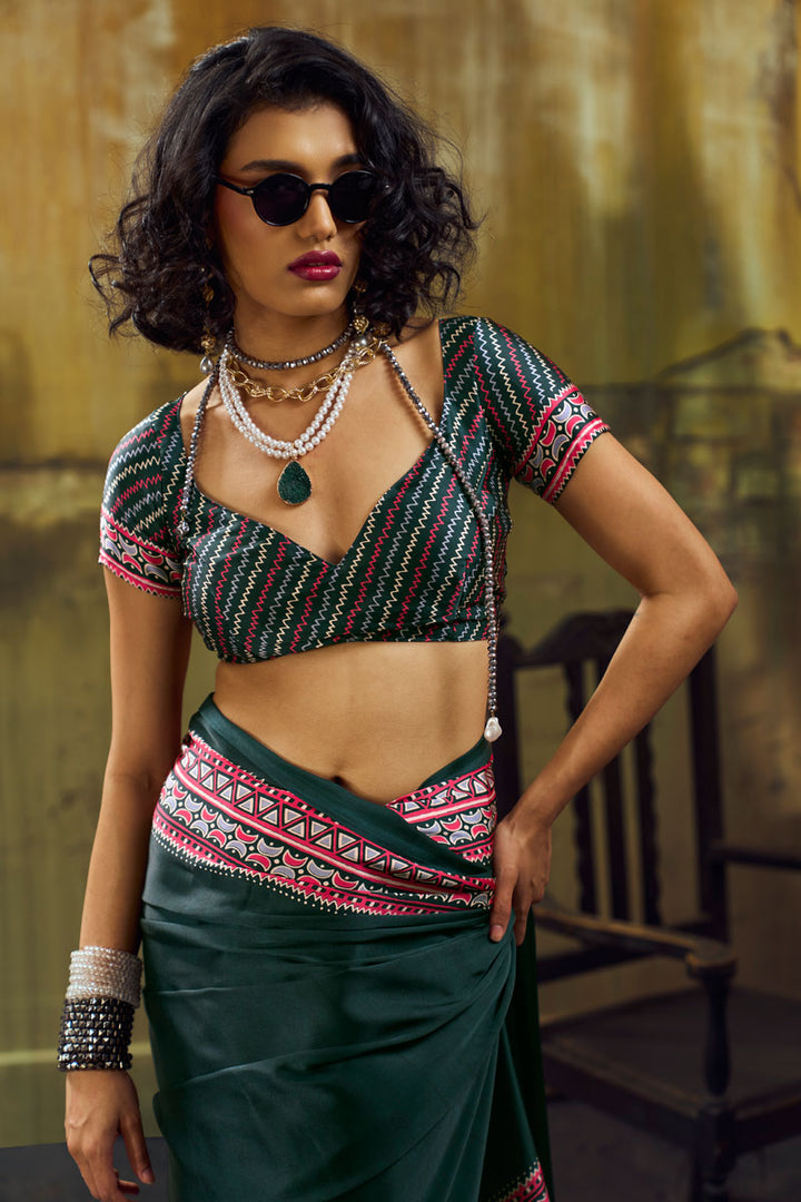 Ajrakh Printed Soothing Satin Saree In Teal Color