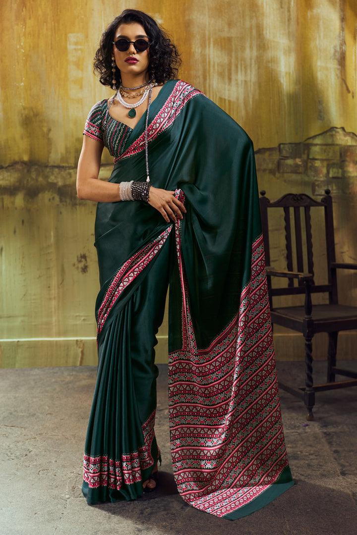 Ajrakh Printed Soothing Satin Saree In Teal Color