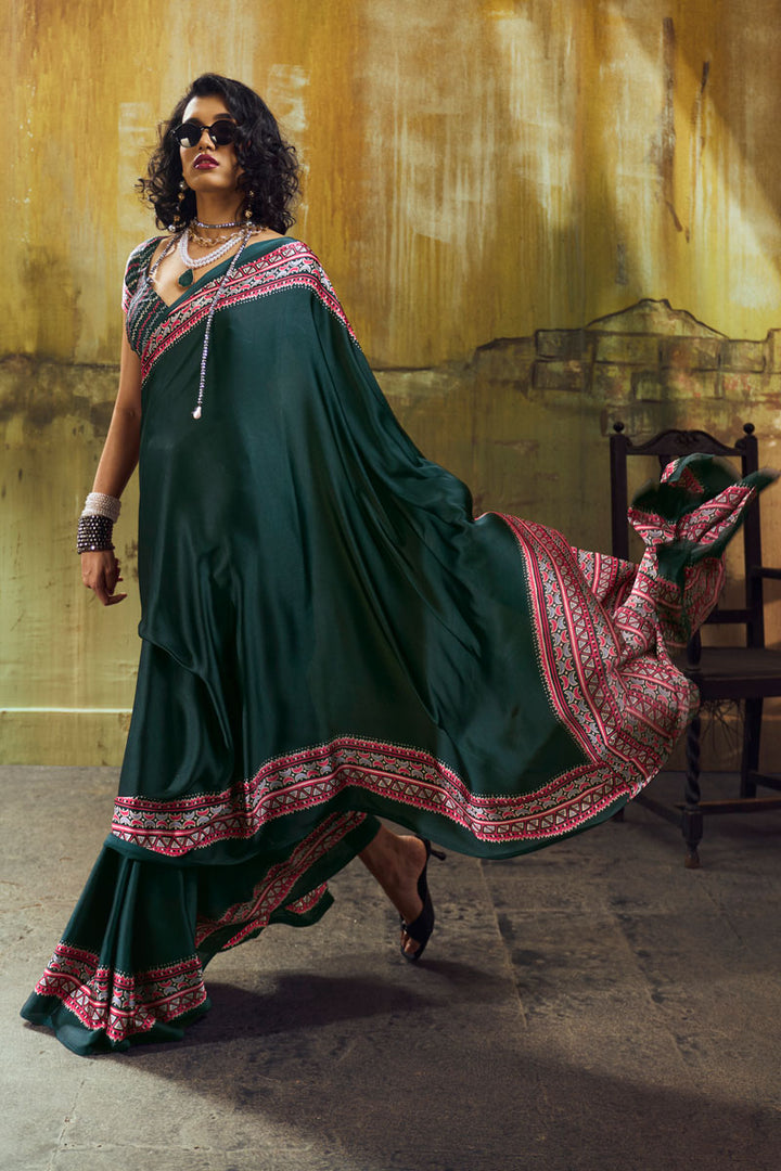 Ajrakh Printed Soothing Satin Saree In Teal Color