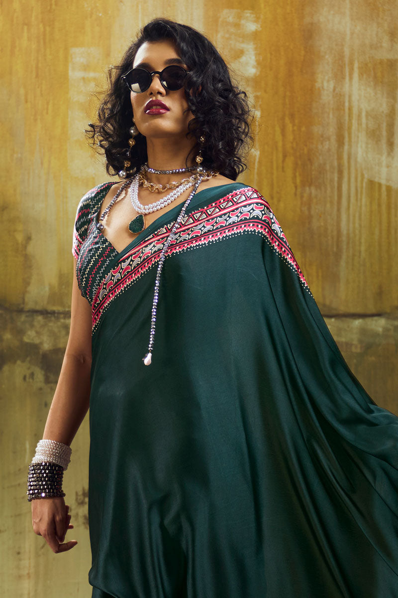 Ajrakh Printed Soothing Satin Saree In Teal Color