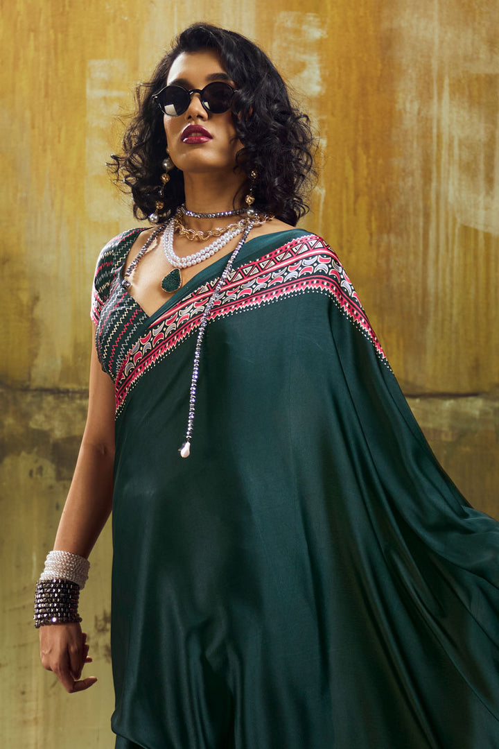 Ajrakh Printed Soothing Satin Saree In Teal Color