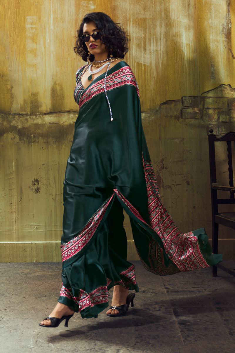 Ajrakh Printed Soothing Satin Saree In Teal Color